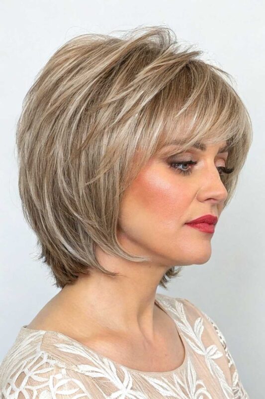 A woman with a feathered bob hairstyle.