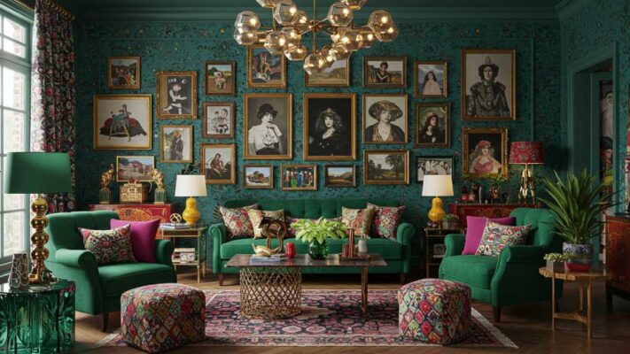 Vibrant maximalist living room featuring bold colors, pattern mixing, gallery wall, statement furniture, and layered textiles.