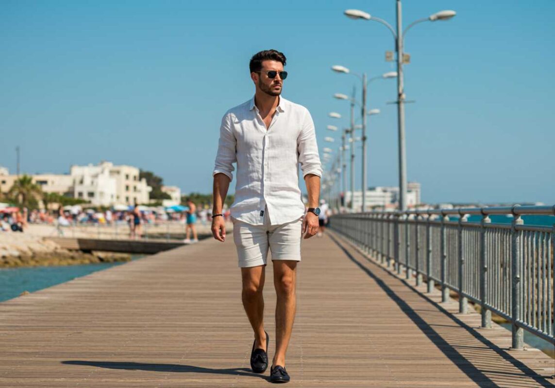 Man wearing linen shirt and tailored shorts walking confidently in summer sunlight.