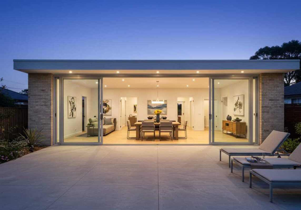 Open-concept home design showing seamless transition between indoor living room and outdoor patio through large glass doors.