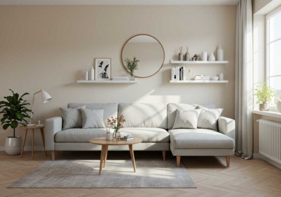 Bright small living room with light colored furniture and strategic mirror placement.
