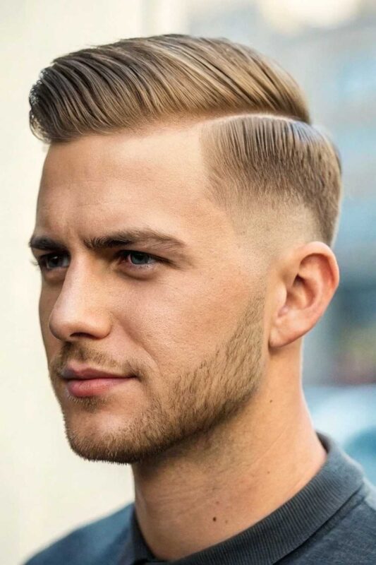 Man with classic short comb-over featuring tapered sides and longer top combed neatly to one side with a defined part.
