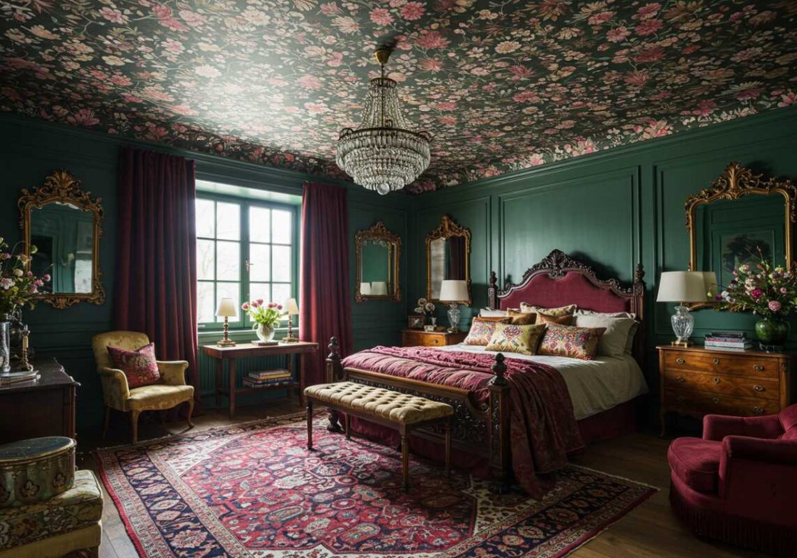 Bedroom featuring dramatic patterned wallpaper on the ceiling.