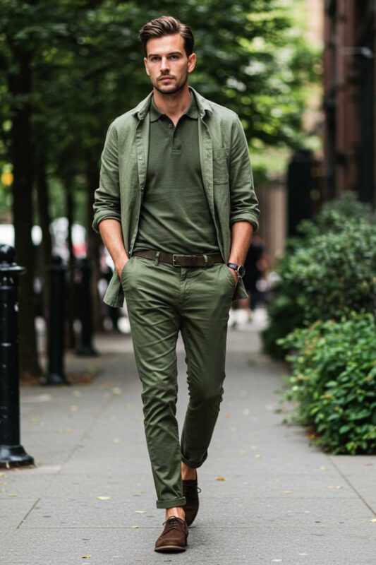Man wearing various shades of olive green demonstrating stylish monochromatic summer dressing.