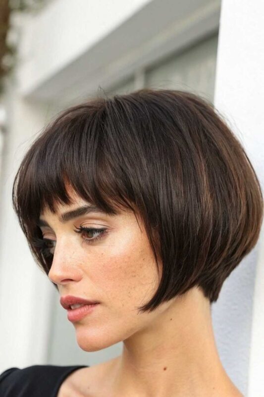 A woman with a micro bob hairstyle.