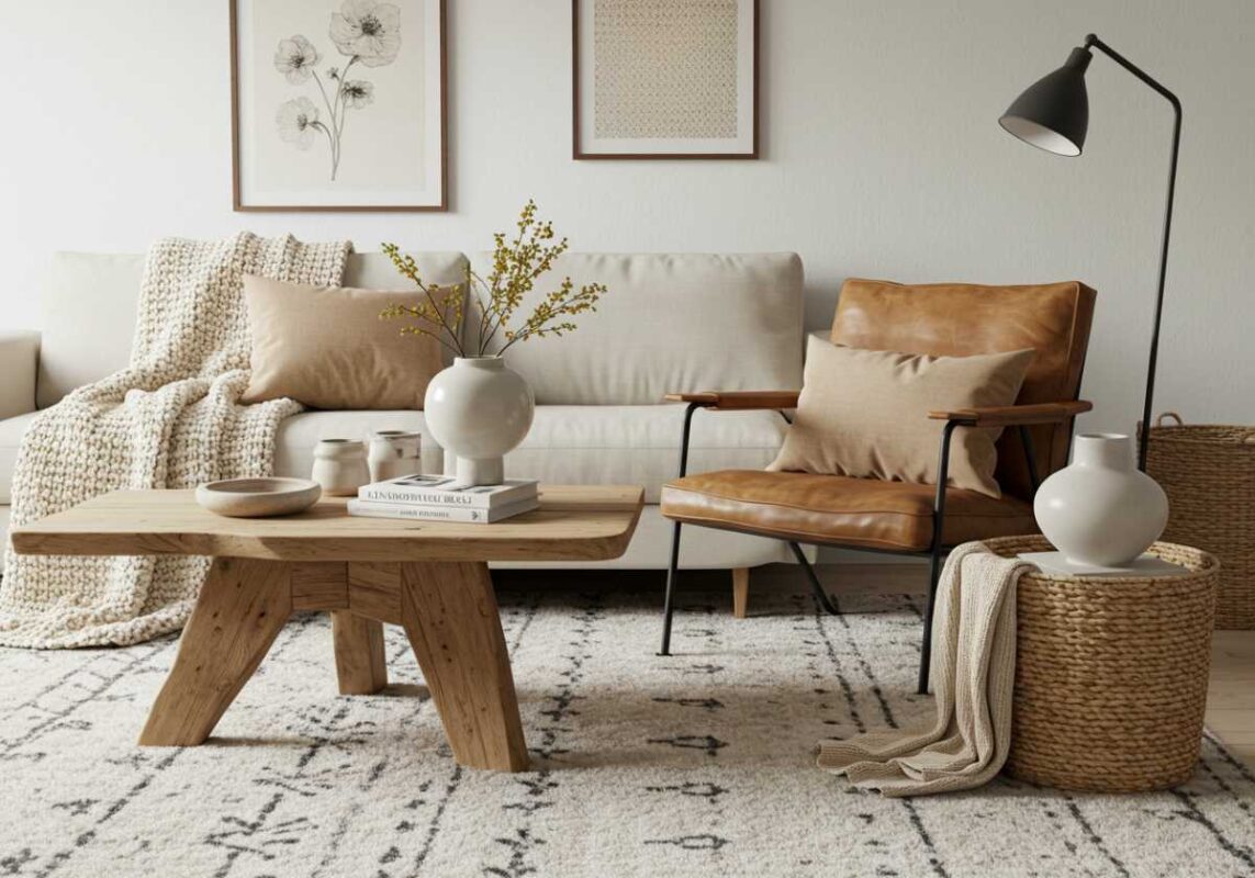 Small living room featuring various textures in neutral color palette.