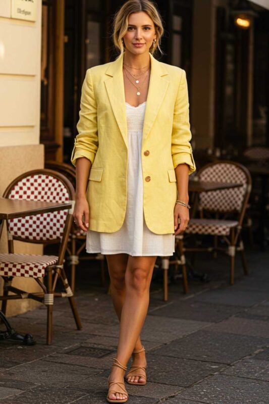 Woman wearing a lightweight butter yellow linen blazer over a white sundress.