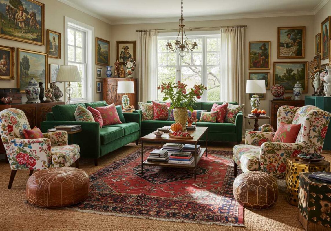 Maximalist living room showcasing layered rug technique with patterned vintage Persian rug overlapping larger neutral jute rug.