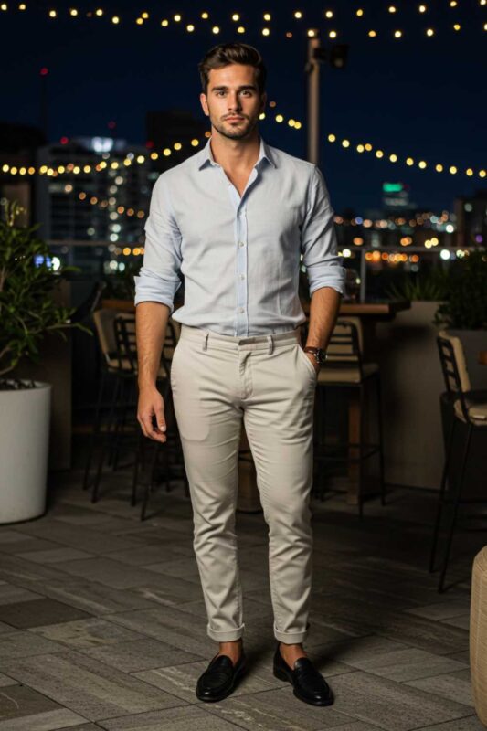 Confident man in lightweight trousers and rolled-sleeve button-down at a rooftop bar with city lights.