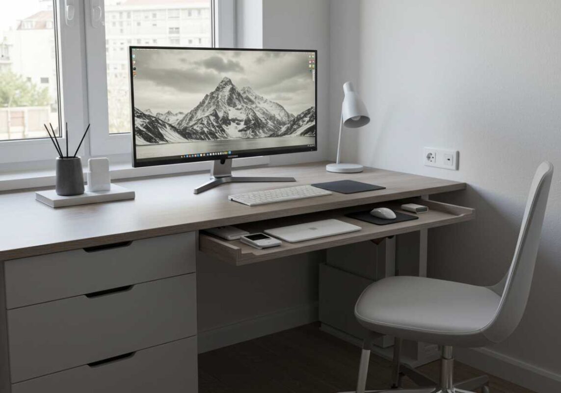 Minimalist home office showing sleek technology integration with hidden cables, wireless devices.