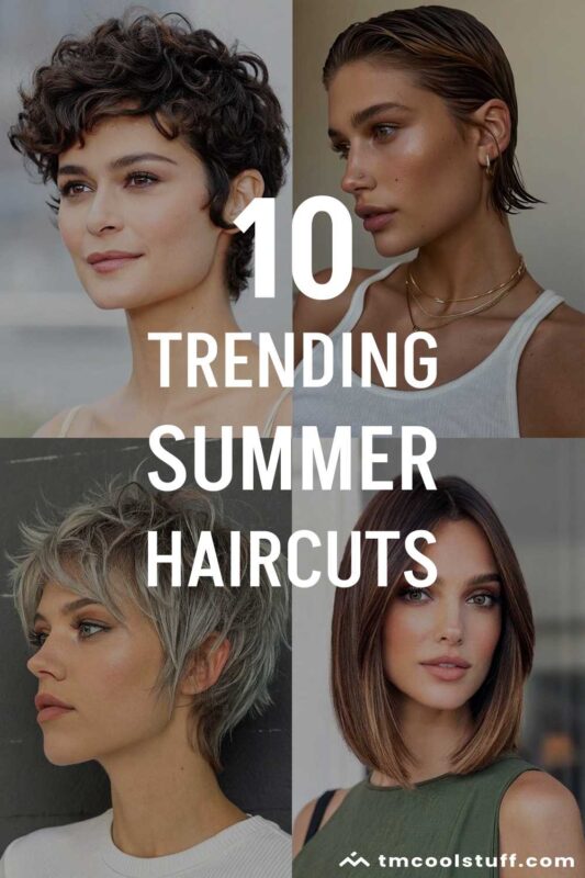 Collage of four women with curly pixie, wet looking hydro bob, short shag, and blunt collarbone cut hairstyles.
