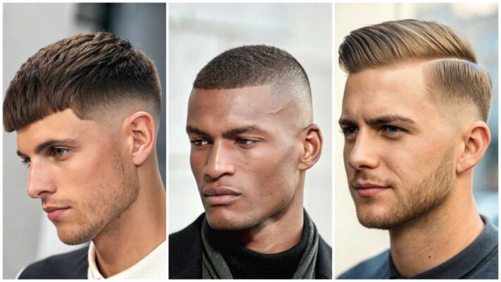 Collage of three men with French crop, military high and tight, and classic short comb-over hairstyles.