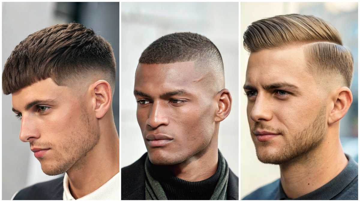 Collage of three men with French crop, military high and tight, and classic short comb-over hairstyles.