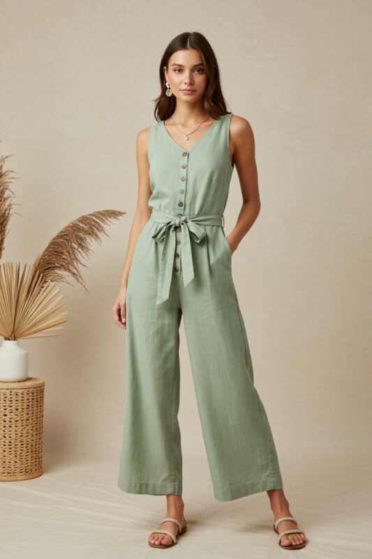 Woman wearing a sage green wide-leg linen jumpsuit with button details and minimal accessories.
