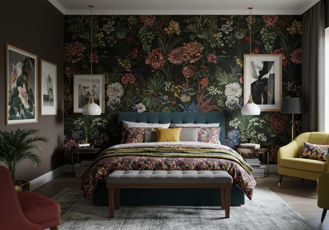 Maximalist bedroom featuring a dramatic statement wall with large-scale tropical floral wallpaper.