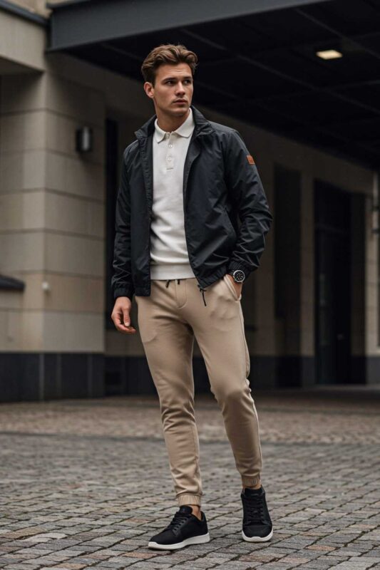 Stylish man in premium joggers, polo, and lightweight jacket, balancing casual and refined aesthetics.
