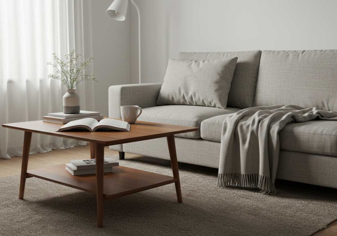 Realistic minimalist living space showing signs of daily use while maintaining overall order and intentional design.
