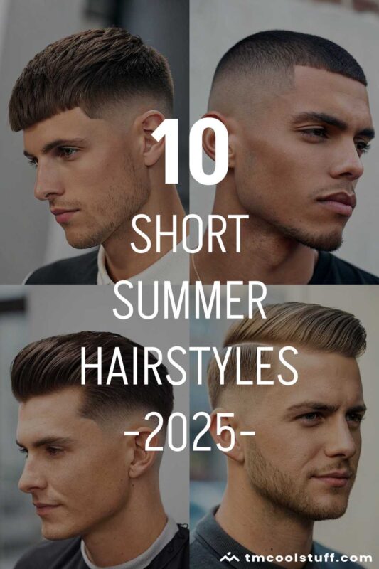 Collage of four men with French crop, buzz cut, slick fade, and classic comb-over hairstyles.