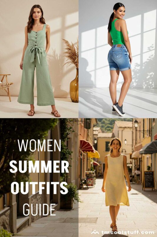 Women in various summer outfits: green jumpsuit, green tank with denim shorts, and yellow sleeveless dress.