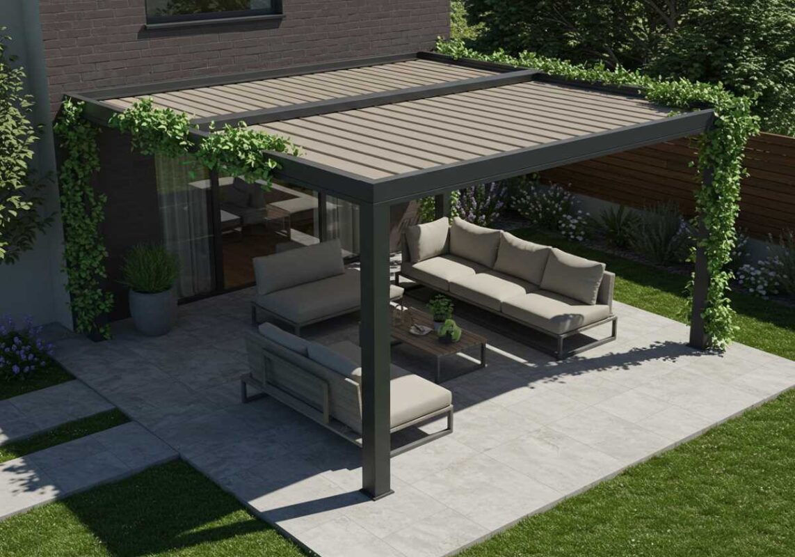 Modern backyard featuring a pergola with retractable shade covering a comfortable lounge area protected from direct sunlight.