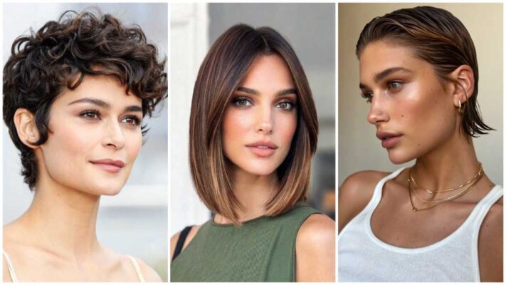 Collage of three women with curly pixie, blunt collarbone cut, and wet looking hydro bob hairstyles.