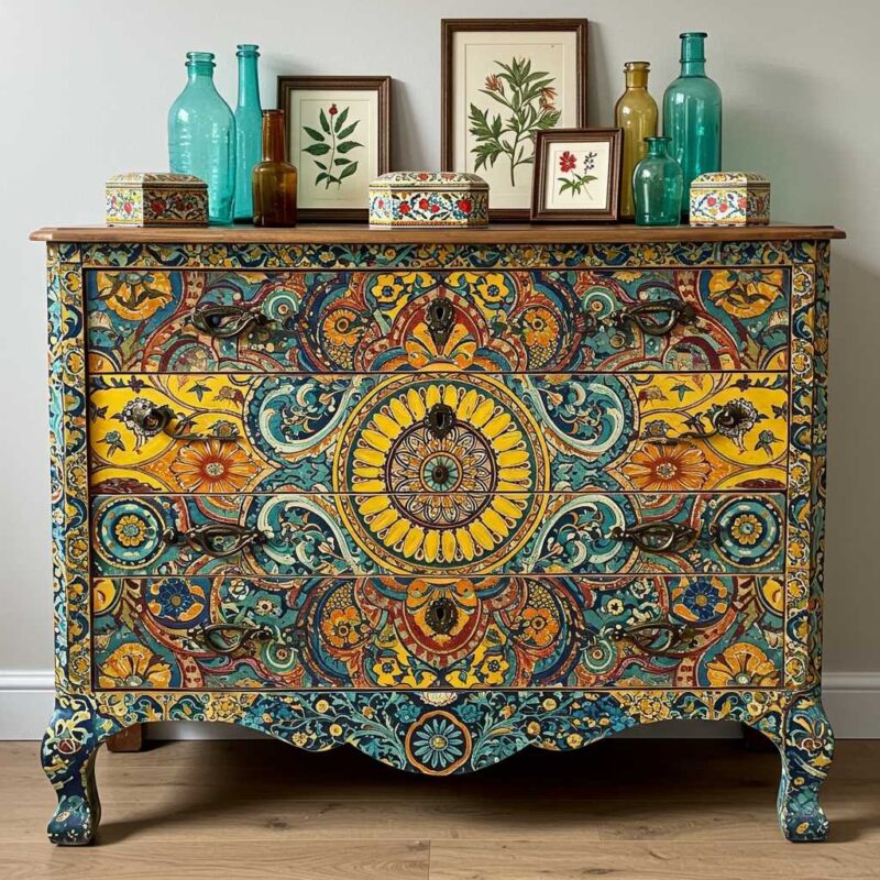 Maximalist dresser with painted patterns and decorative hardware.