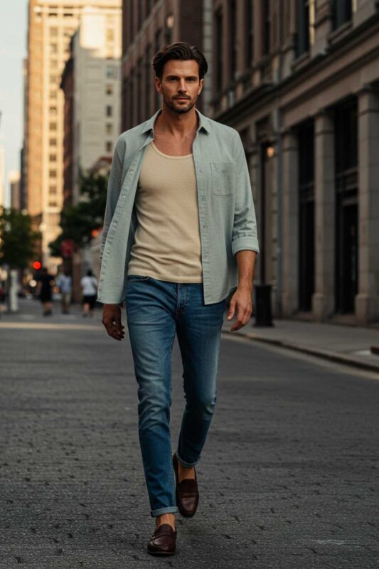 Stylish man in layered summer outfit with chinos, a neutral t-shirt, and an open button-down.