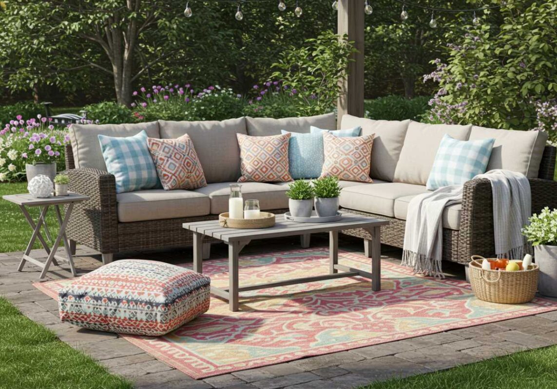 Comfortable outdoor living area with colorful weather-resistant rug, patterned pillows, and throws creating a cozy, inviting space.