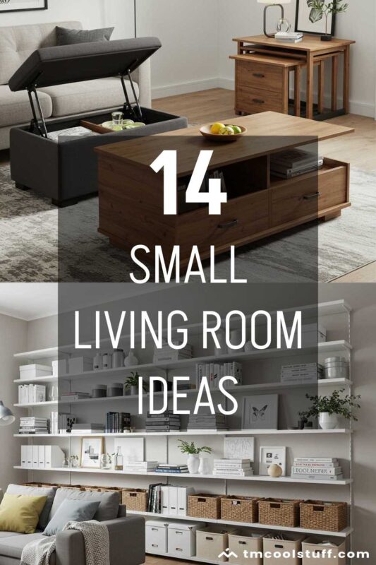Collage showing small living room design ideas.