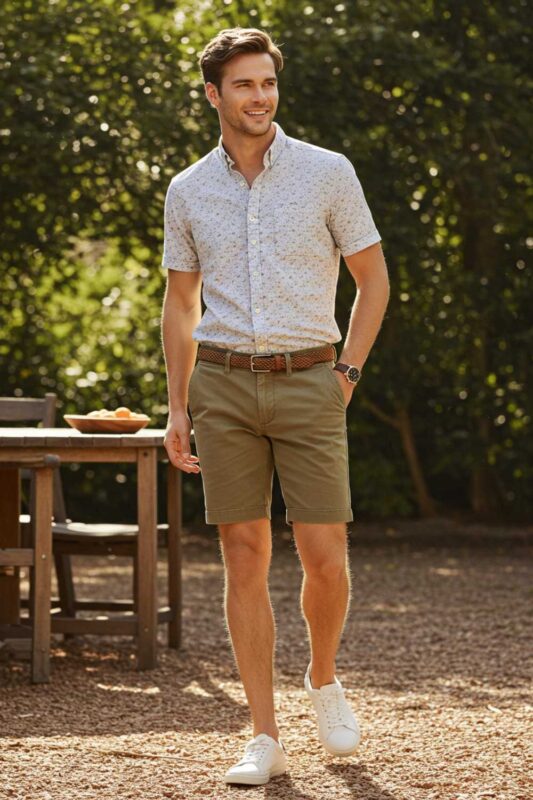 Stylish man in khaki chino shorts, a patterned button-down, and white sneakers in a sunlit setting.