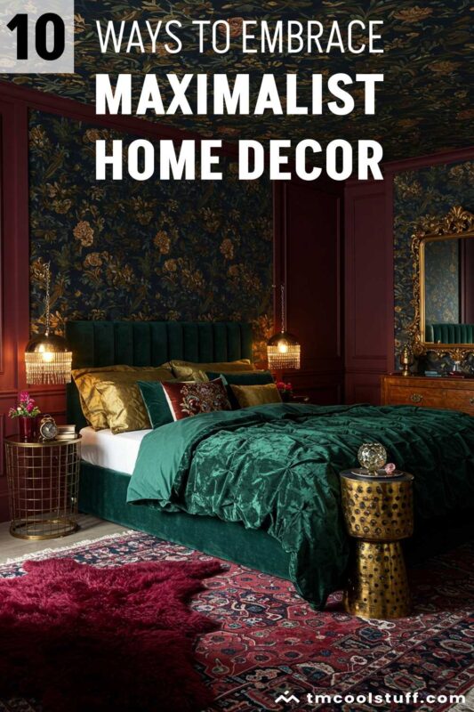 Maximalist bedroom with ceiling wallpaper, green bedding, decorative pillows, pendant lights, and a burgundy rug.