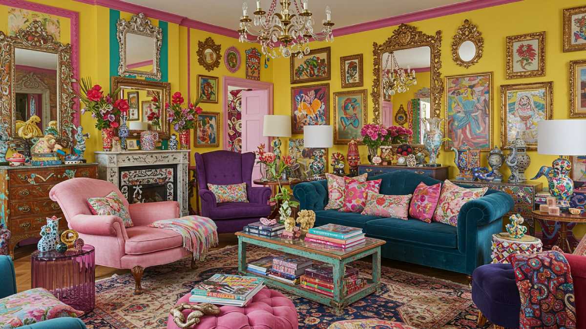Maximalist living room with chaotic, bright, clashing colors on walls, furniture, and decor.