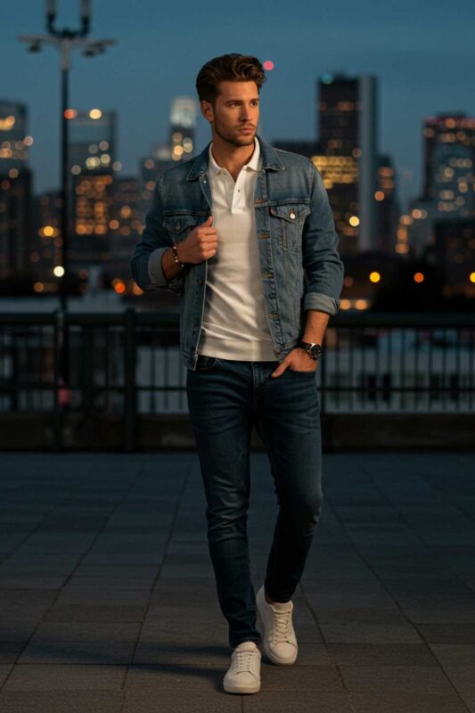 Stylish man in dark-wash jeans, white polo, and denim jacket, transitioning from day to night.