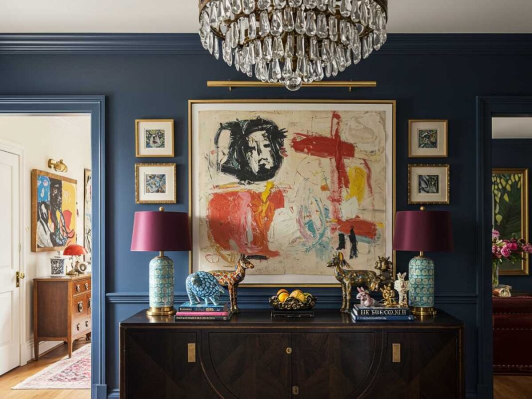 Maximalist entryway with dramatic console, large artwork, vibrant colors, and varied textures.