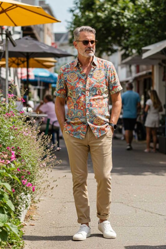 Stylish man in patterned button-down, beige chinos, and white sneakers, making a bold fashion statement.
