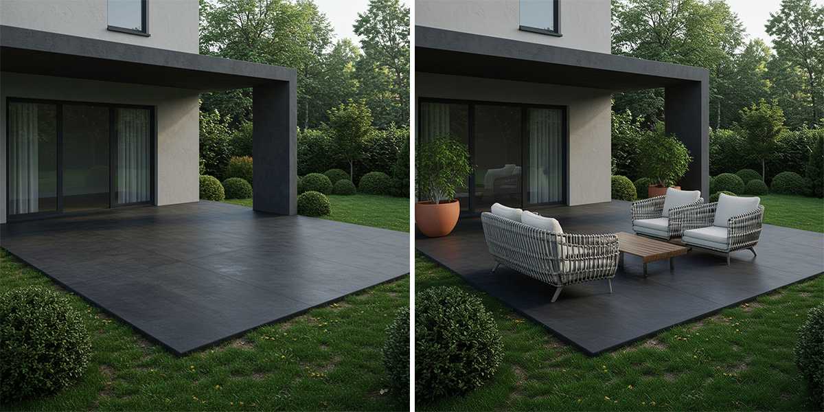 Before and after comparison of patio transformation showing dramatic improvement with simple furniture and plants.