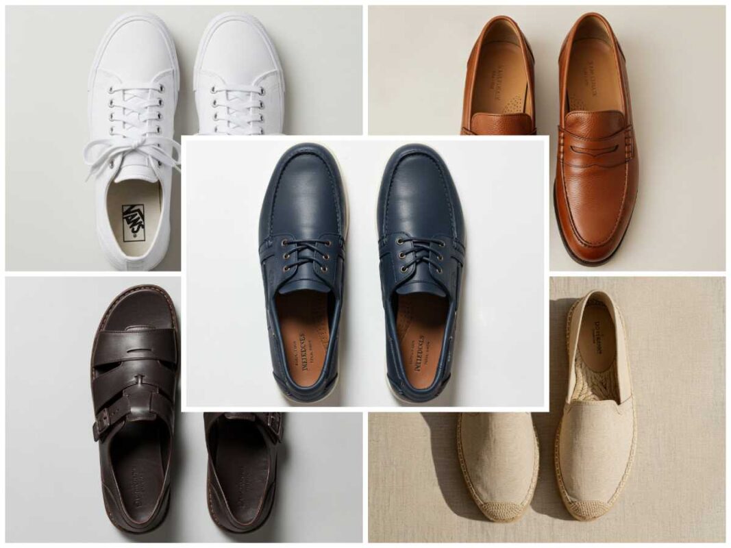 Flatlay of men's summer shoes including white sneakers, leather loafers, sandals, espadrilles, and boat shoes.