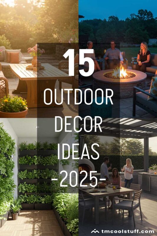 Outdoor patios showcasing 2025 trends—warm earth tones, fire feature, vertical plantings, and outdoor kitchen.
