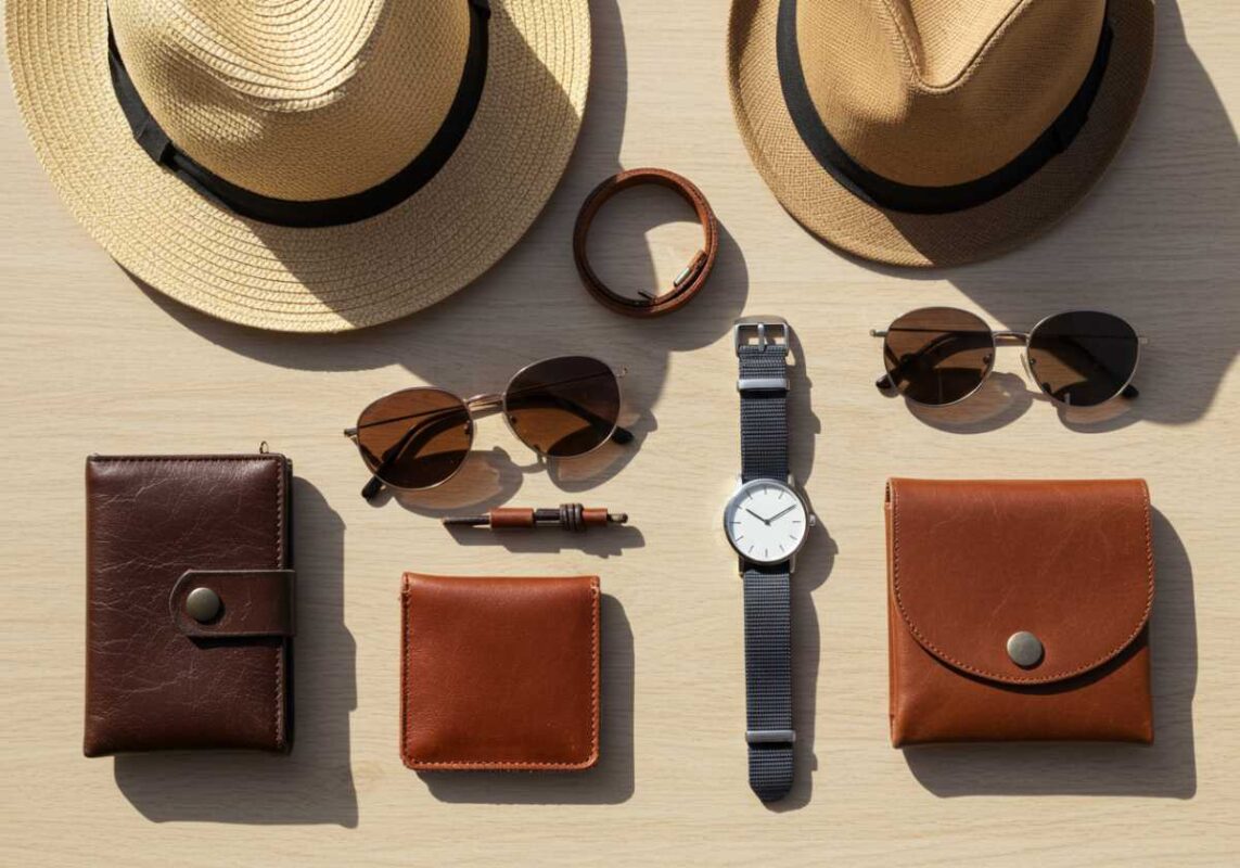 Flatlay arrangement of men's summer accessories including sunglasses, hat, and minimal jewelry.