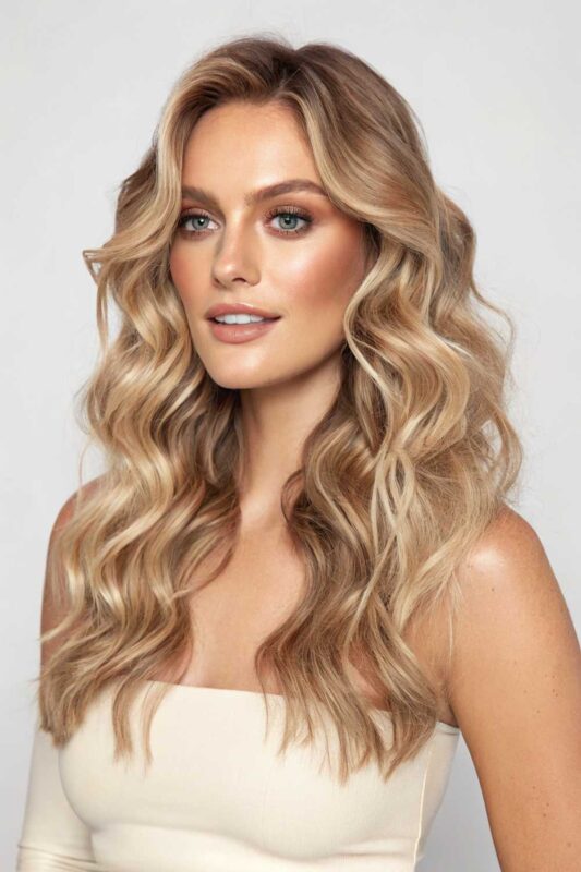 A young woman with brushed-out wave hairstyle.