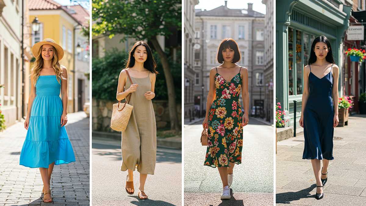 Collection of four summer sleeveless dress styles featuring smocked, linen, floral, and slip dress designs.