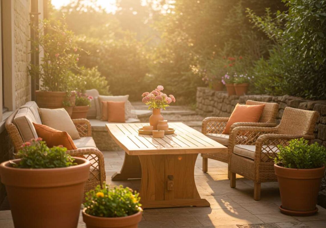 Outdoor patio featuring teak wood furniture, natural rattan elements, and terracotta planters showcasing the earth tone trend.