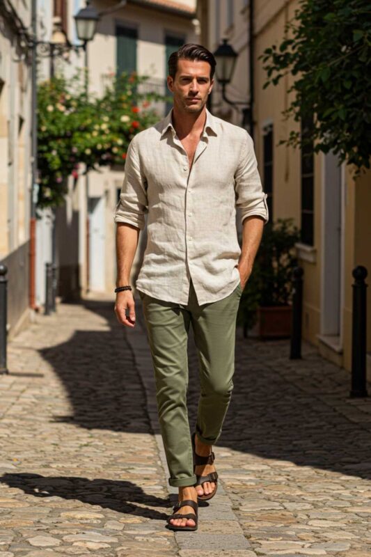 Man wearing relaxed beige linen shirt and khaki chinos walking on a sunny Mediterranean street.