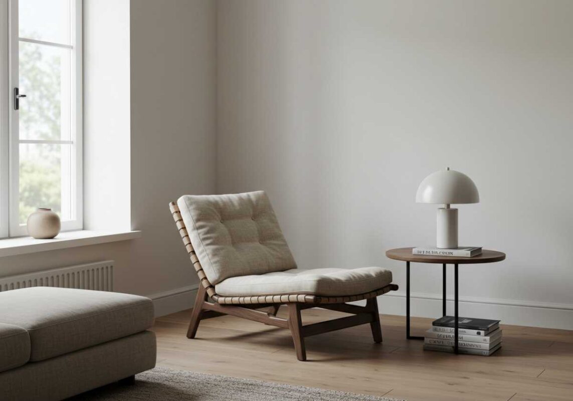 High-quality minimalist furniture arrangement showing a premium lounge chair, simple side table, and carefully curated accessories.