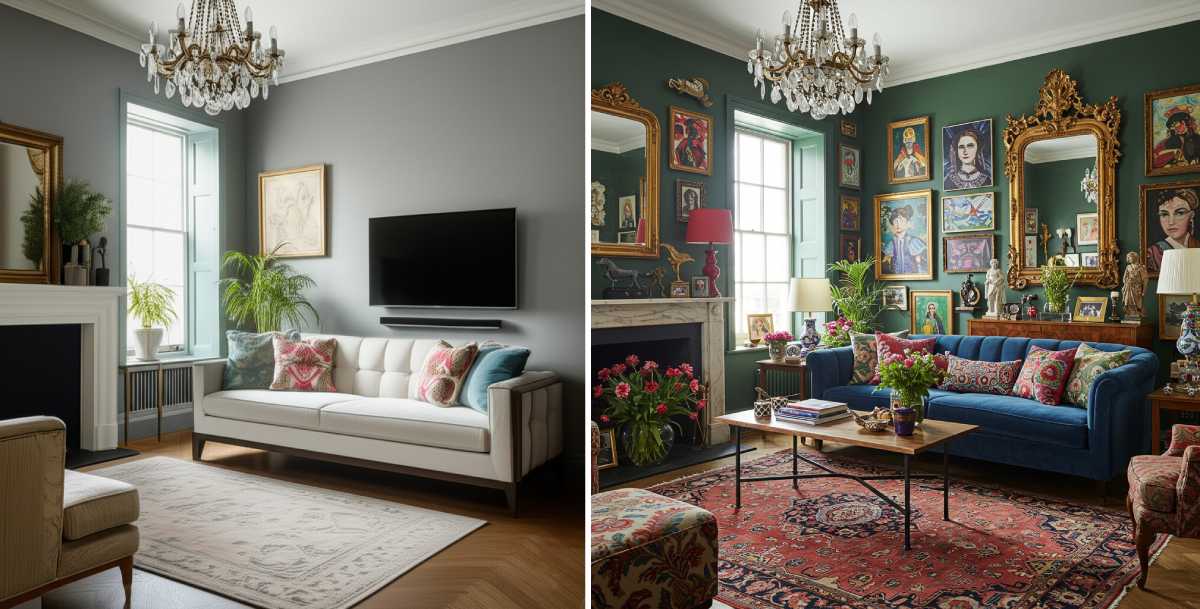 Side-by-side comparison showing transformation of a room from minimalist neutral design to vibrant maximalist decor with patterns and collections.