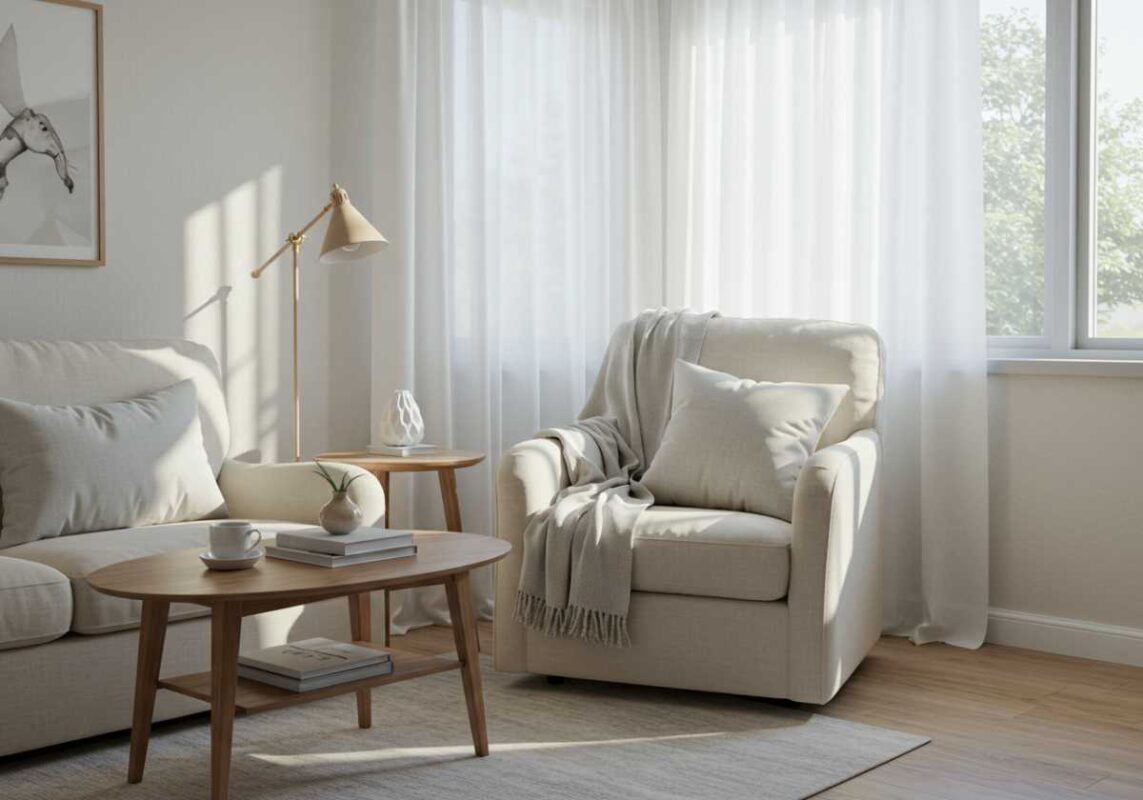 Small living room decorated in light neutral colors with natural lighting.