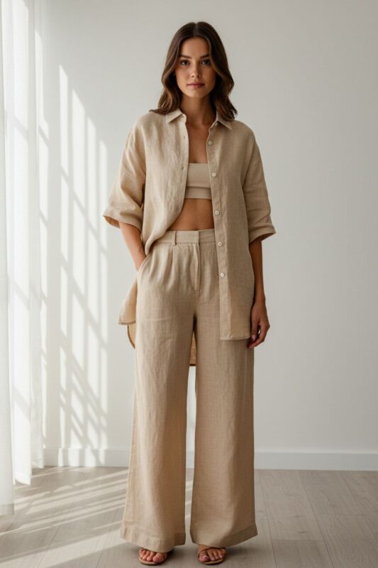 Woman wearing matching linen wide-leg pants and oversized shirt in natural sand color with minimal accessories.