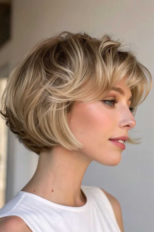 A woman with a Bubble Bob hairstyle.
