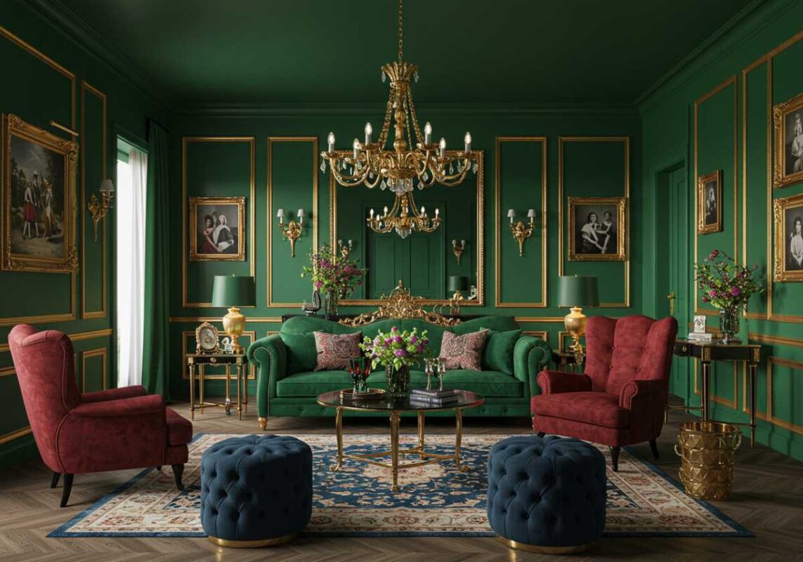 Maximalist room with walls, trim and ceiling all painted in rich emerald green, featuring jewel-toned furniture and gold decorative accents.