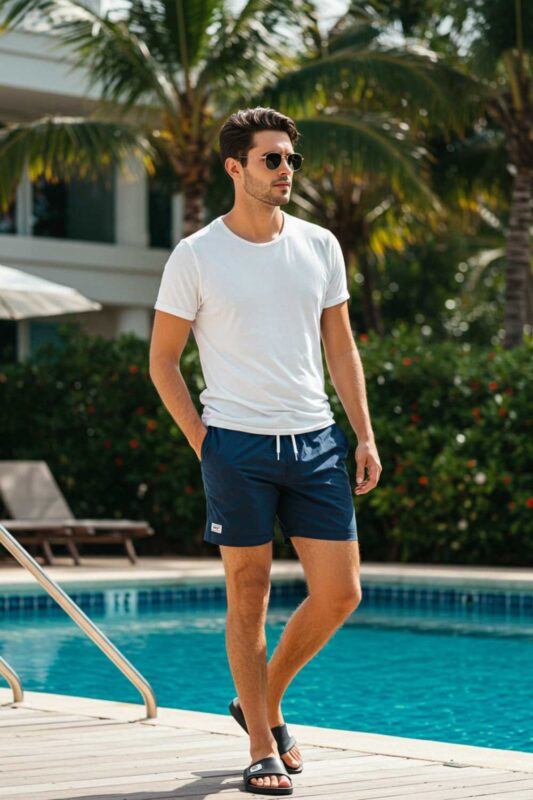 Stylish man by the pool wearing tailored swim shorts, white t-shirt and leather slides.